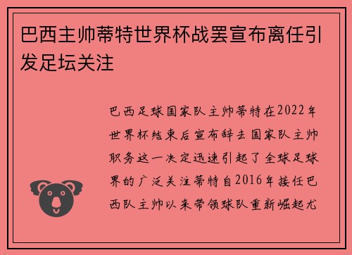 巴西主帅蒂特世界杯战罢宣布离任引发足坛关注 巴西主帅蒂特世界杯战罢宣布离任引发足坛关注